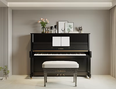 Stylish Black Piano with Art Supplies Picture Frames and Floral Vase in Cozy Room Interior 3d model