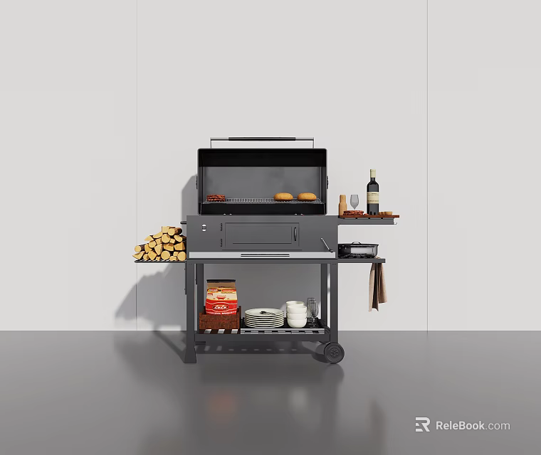Outdoor Portable Grill with Firewood Wine Bottle Spices on Side Shelf and Storage Bag 3d model 