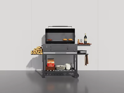 Outdoor Portable Grill with Firewood Wine Bottle Spices on Side Shelf and Storage Bag 3d model