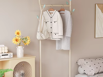 Standing Clothes Rack With White Coat Gray Sweater Beige Bag Blue Hooks In Cozy Bedroom 3d model