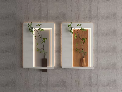 Stylish Pair of Rectangular Wall Decor with Lighting and Green Plants on Gray Wall 3d model