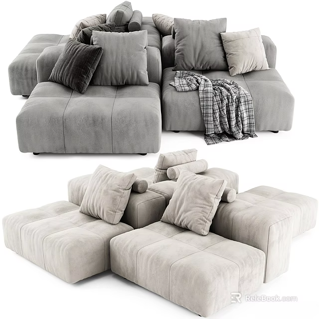 Modern Comfortable Double Sofa with Gray Beige Cushions and Checked Blanket 3d model