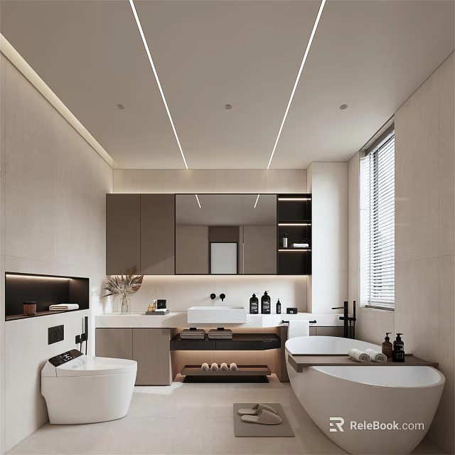 Modern Bathroom Interior Design With Freestanding Bathtub Vanity Mirror And Linear Lighting 3d model 
