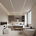 Modern Bathroom Interior Design With Freestanding Bathtub Vanity Mirror And Linear Lighting