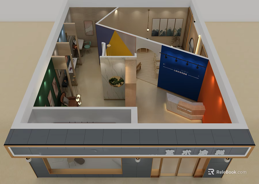 Modern Shop Interior Design With Colorful Walls Display Areas Counter And Shelves 3d model 