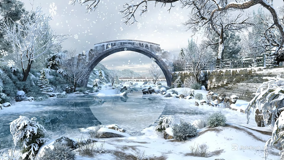 Gorgeous Snowy Winter Landscape With Ancient Stone Arch Bridge Over Calm River And Falling Snowflakes 3d model 