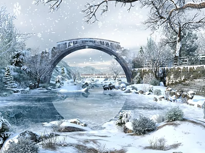 Gorgeous Snowy Winter Landscape With Ancient Stone Arch Bridge Over Calm River And Falling Snowflakes 3d model