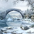 Gorgeous Snowy Winter Landscape With Ancient Stone Arch Bridge Over Calm River And Falling Snowflakes