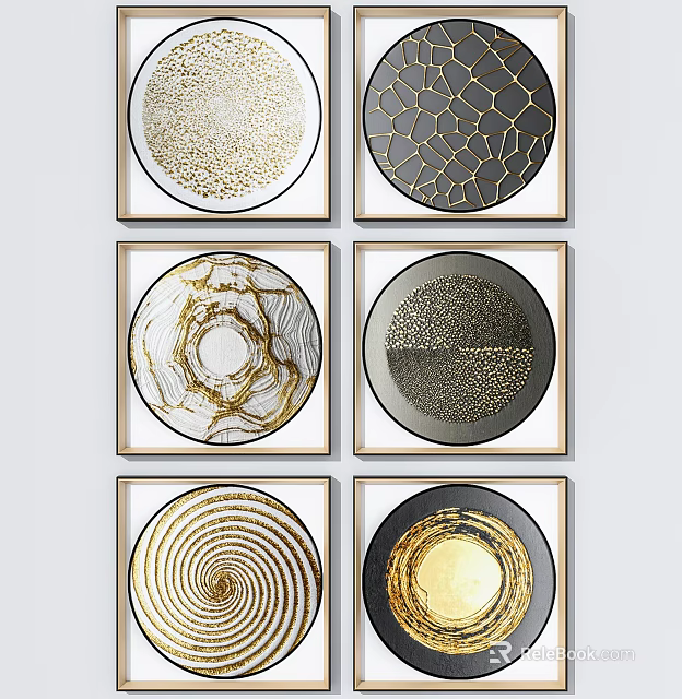Circular Decorative Wall Art With Gold Black Abstract Patterns In Square Frames 3d model