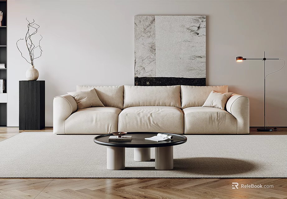 Modern Beige Sofa Coffee Table Set With Black Side Cabinet Floor Lamp And Rug 3d model 