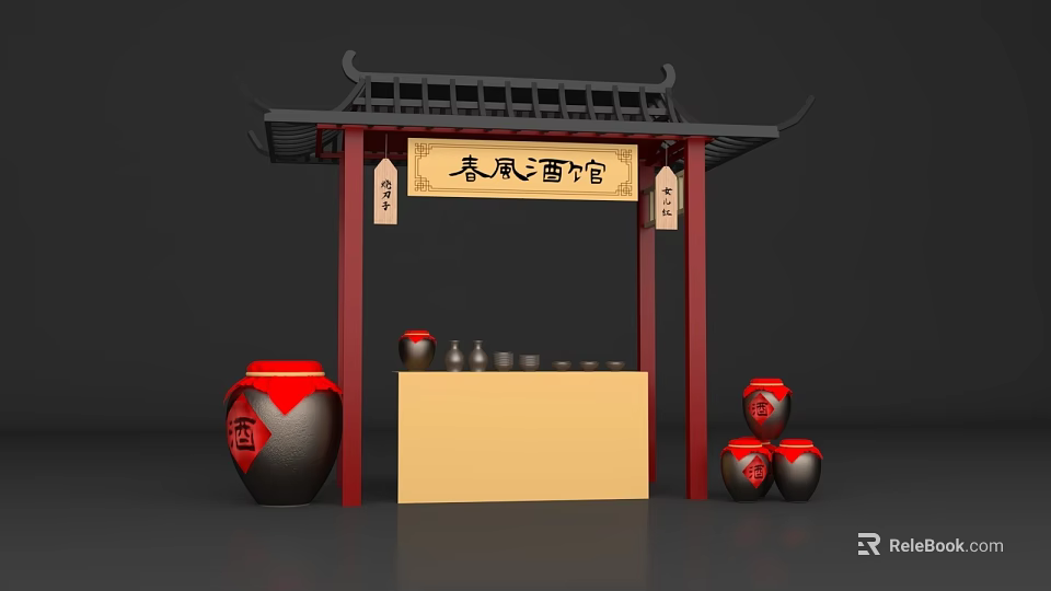 Spring Breeze Pub Interactive Area With Traditional Chinese Pavilion Wine Jars And Wooden Counter 3d model 