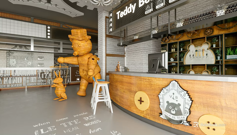 Teddy Bear Themed Restaurant Interior With Wooden Bear Figures Bar Counter And Stools 3d model 