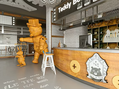 Teddy Bear Themed Restaurant Interior With Wooden Bear Figures Bar Counter And Stools 3d model