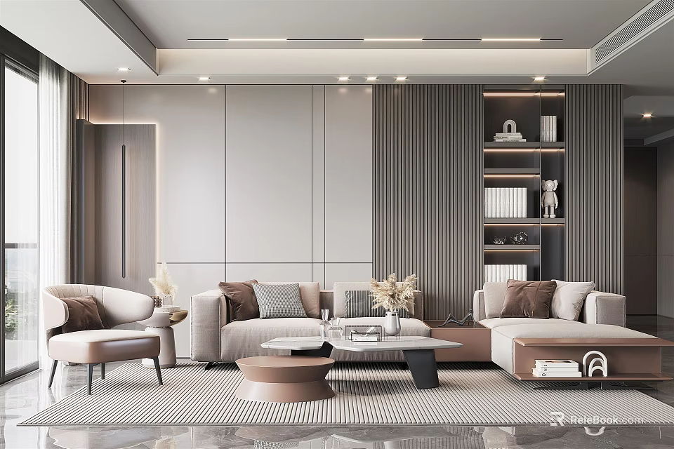 Elegant Modern Living Room Interior With Neutral Sofa Round Coffee Table And Bookshelf Decor Lighting 3d model 