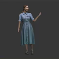 Smiling woman in blue collared short sleeve buttoned dress on dark background raising one hand