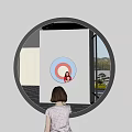 Woman Viewing Mirror In Circular Structure Of Modern Sales Office With White And Pink Walls
