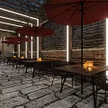 Traditional Brick Restaurant Exterior With Neon LOGO Sign Entrance Doll Green Plants And Stone Pavement