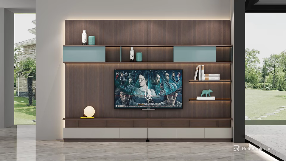 Modern TV Stand With TV Screen Wooden Backdrop Ambient Lighting And Decorative Shelves 3d model 