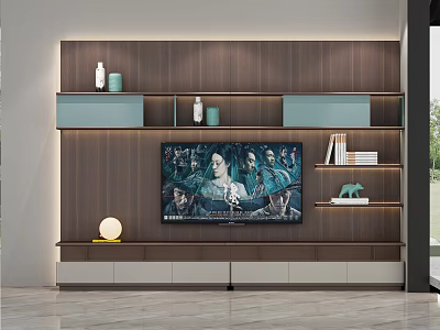 Modern TV Stand With TV Screen Wooden Backdrop Ambient Lighting And Decorative Shelves 3d model