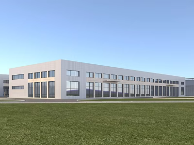 Modern Industrial Factory Building Exterior With Large Windows And Green Lawn 3d model