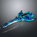 Blue and Black Ray with Streamlined Design and Intricate Patterns on Dark Background