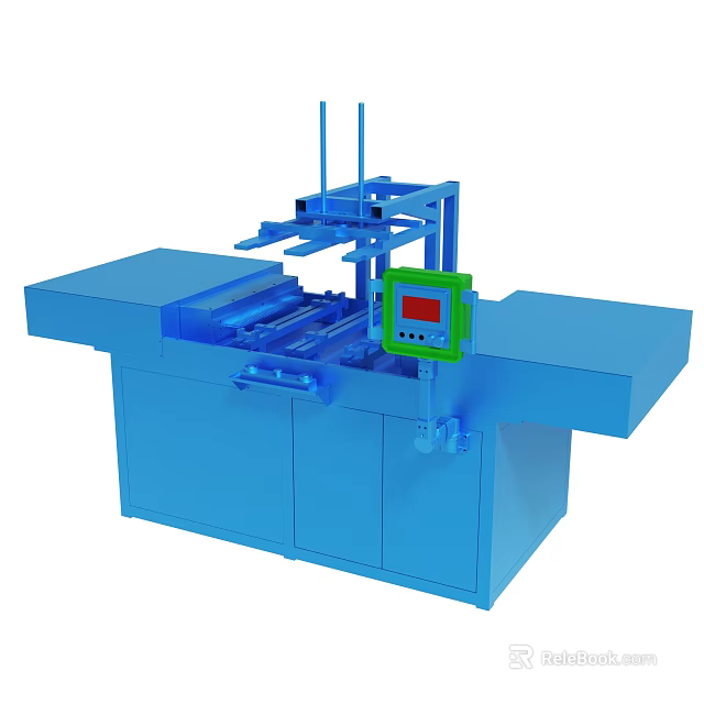 Blue Automated Industrial Machine With Control Panel Workbench And Mechanical Components 3d model
