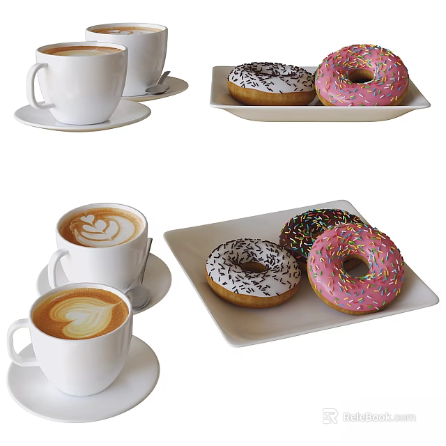 Fresh Donuts With Chocolate Sprinkles Pink Frosting And Heart Latte Art Coffee In White Cups 3d model 