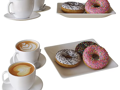 Fresh Donuts With Chocolate Sprinkles Pink Frosting And Heart Latte Art Coffee In White Cups 3d model