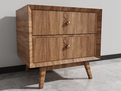 Modern Wooden Bedside Table With Two Drawers Gold Knobs And Tapered Legs 3d model