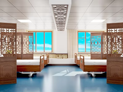 Serene SPA Sauna Room With Wooden Carved Partitions Massage Beds Sunlight And Blue Flooring 3d model