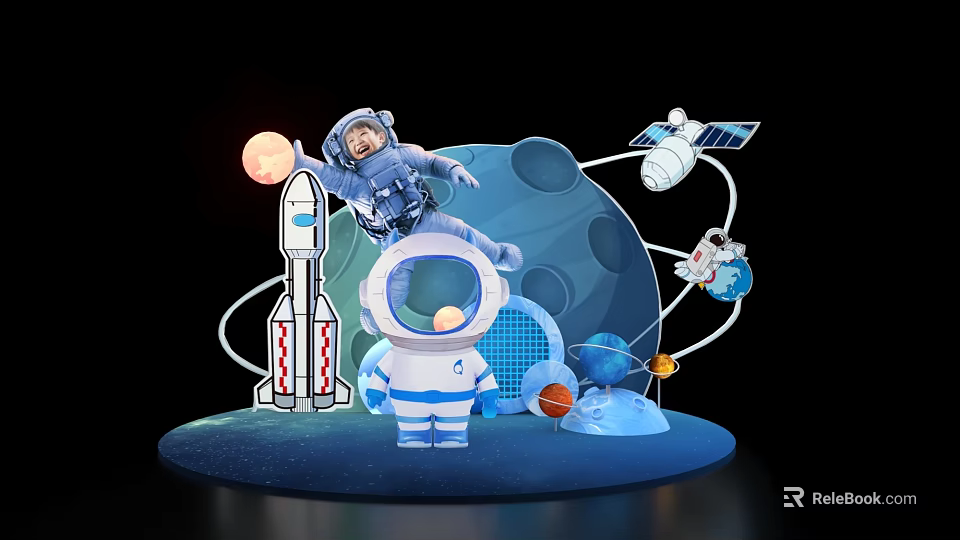 Cartoon Style Space Theme Photo Spot With Astronaut Rocket And Planets 3d model 