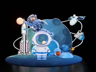 Cartoon Style Space Theme Photo Spot With Astronaut Rocket And Planets 3d model