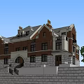 Semi Detached Villa Exterior With Red Brick Stone Sloped Roof Arched Porch And Greenery