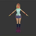 Red Haired 3D Character Model Standing With Arms Outstretched White Top And Blue Plaid Skirt