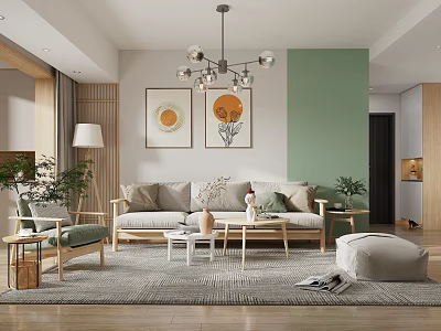 Modern Living Room Interior With Green Wall Decorative Paintings And Wooden Coffee Table 3d model