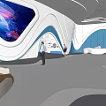 Futuristic Modern Public Lobby Interior With White Curved Design Large Screen Glass Walls And Green Plants