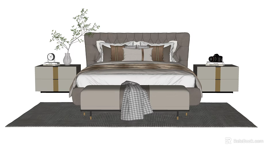 Elegant Modern Double Bed Interior With Headboard Nightstands Bench And Decorative Pillows 3d model