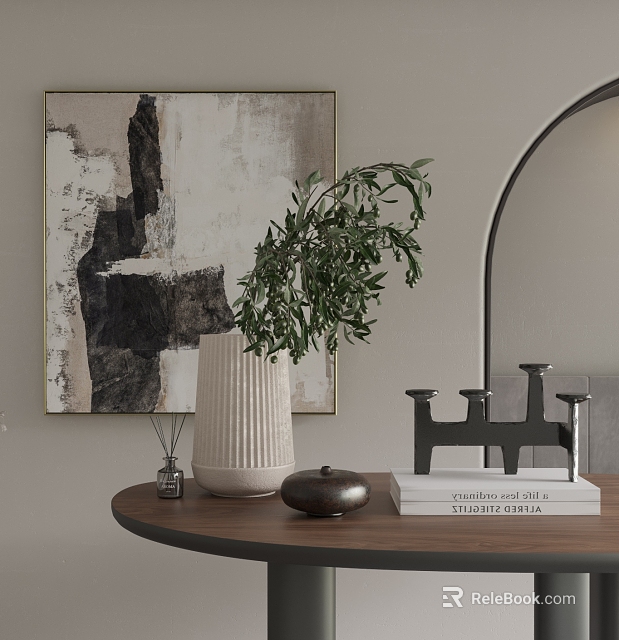 Modern Minimalist Decorative Ornaments Set With Ceramic Vase Green Plant And Books On Wooden Tabletop 3d model 