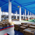 Industrial Warehouse Interior With Forklift Green Floor White Pillars And Storage Racks