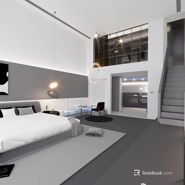 Minimalist Modern Loft Apartment Interior With Bed Furniture And Staircase 3d model 