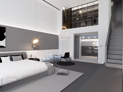Minimalist Modern Loft Apartment Interior With Bed Furniture And Staircase 3d model