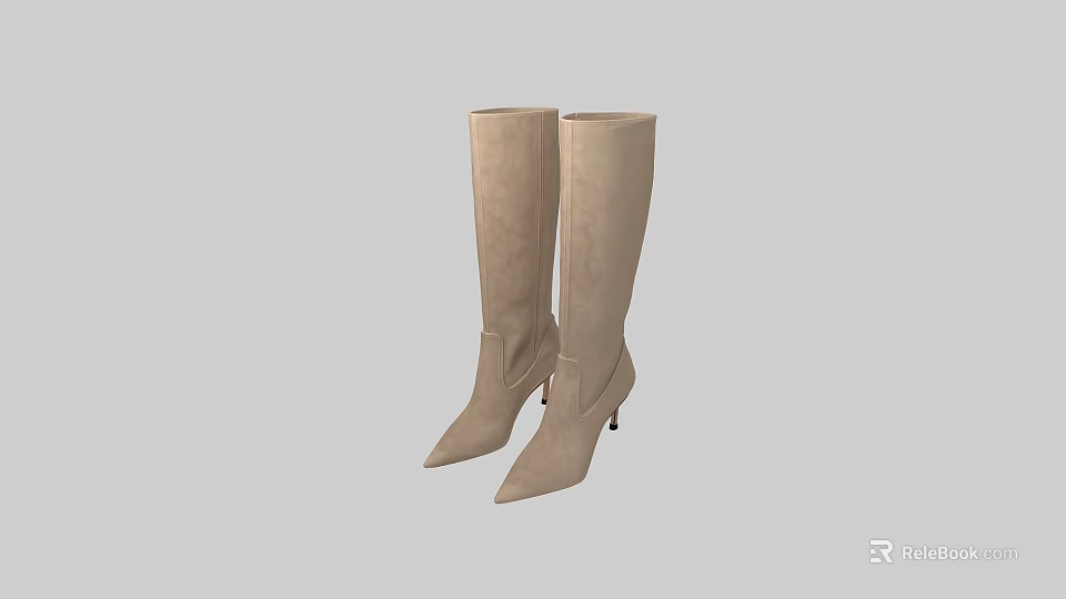 Beige Knee High Suede Boots with Stiletto Heels and Pointed Toe Design 3d model 