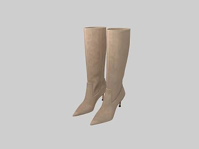 Beige Knee High Suede Boots with Stiletto Heels and Pointed Toe Design 3d model