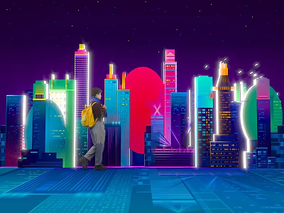 Cyberpunk Themed Photo Spot With Neon City Buildings Night Scene And Visitor 3d model