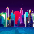 Cyberpunk Themed Photo Spot With Neon City Buildings Night Scene And Visitor
