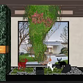 Lush Indoor Landscape With Hanging Greenery String Lights Marble Column Red Sculptures And White Pebbles