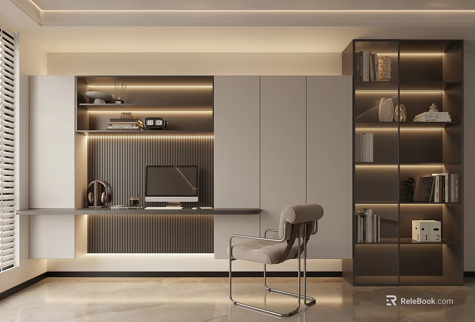 Modern Study Room Interior With Built in Bookshelves Desk Computer And Ambient Lighting 3d model