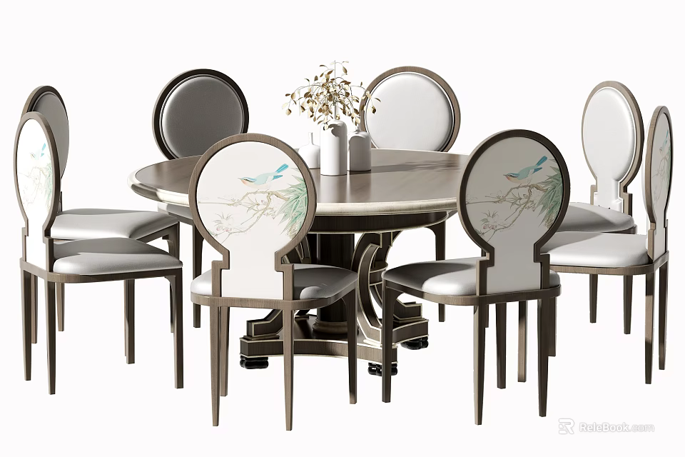 Modern Round Dining Table Set With Bird Patterned Chairs And Decorative Plant Vase 3d model