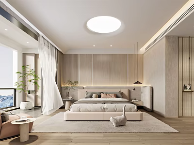 Modern Bedroom Interior With Wooden Wall Large Window Light Colored Bed And Green Plant 3d model