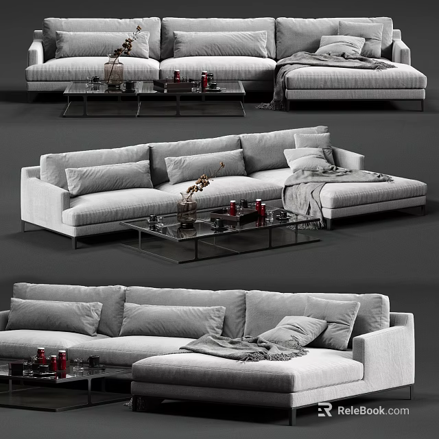Elegant Modern Sectional Sofa Interior With Plush Pillows Glass Coffee Table And Decorative Items 3d model 